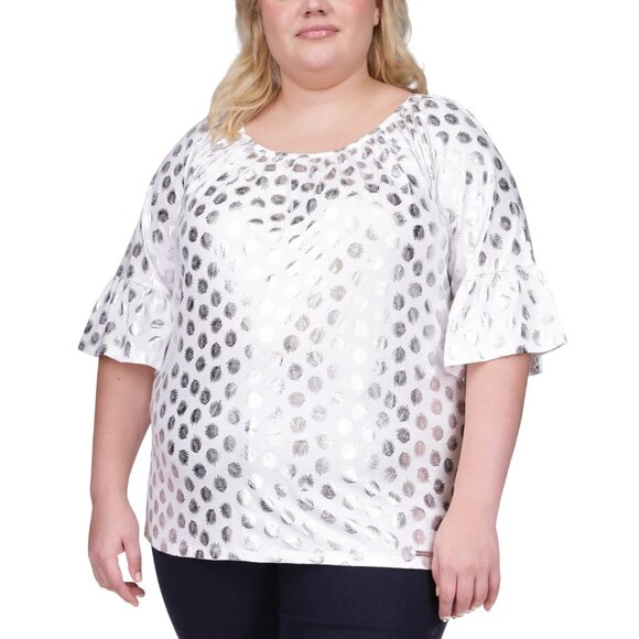 MICHAEL Michael Kors Tops - NWT Michael Michael Kors Plus Size Metallic-Print Flare-Sleeve Top White 1X